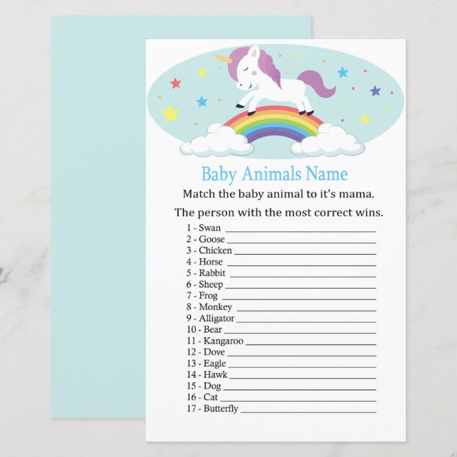 Unicorn Baby Animaux Nom Jeu (Devant / Derrière)