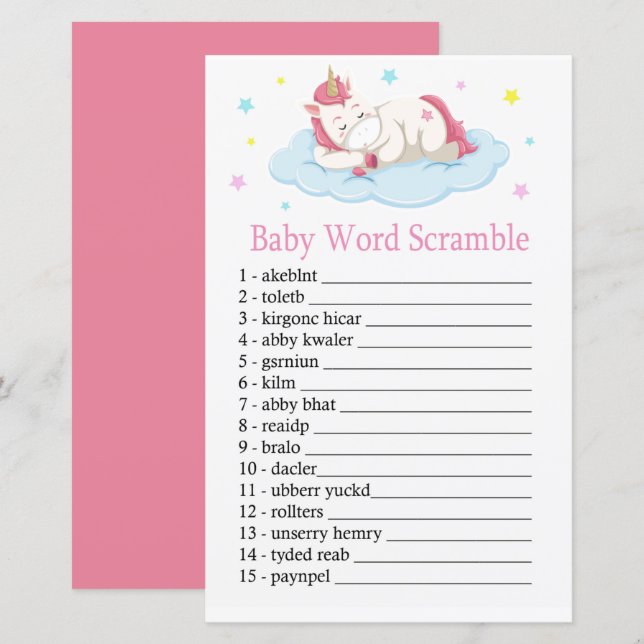 Unicorn Baby mot scramble jeu (Devant / Derrière)