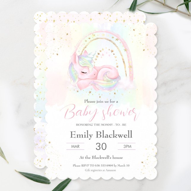 Unicorn baby shower bébé fille invitation douche (Baby shower invitation with a cute pastel unicorn and rainbow)