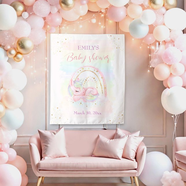 Unicorn Baby shower fille fond Tapisserie (Unicorn Girl Baby Shower Backdrop Tapestry)