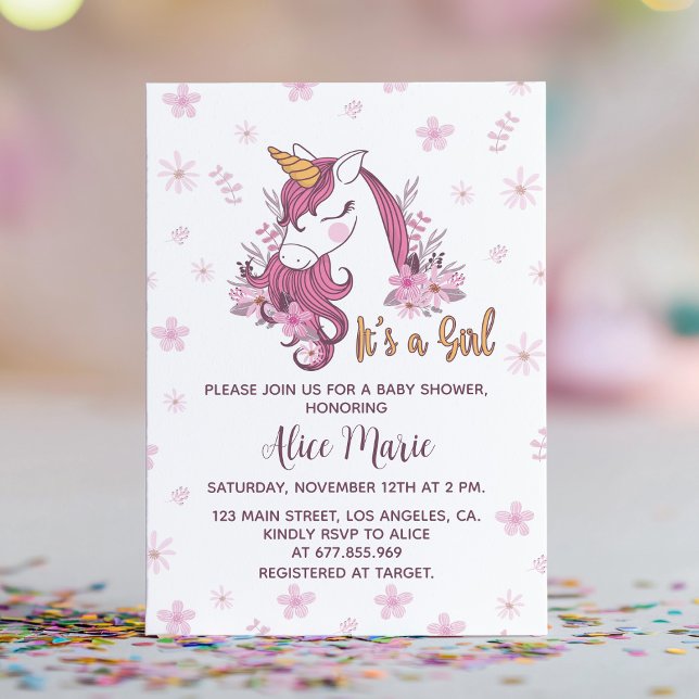 Unicorn Baby shower Girl rose Floral Invitation (Créateur téléchargé)