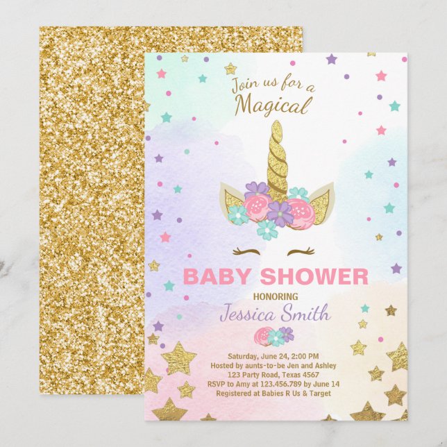 Unicorn Baby shower Invitation Pink Gold Magie (Devant / Derrière)