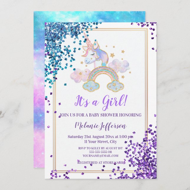 Unicorn Baby Shower Invitations (Devant / Derrière)