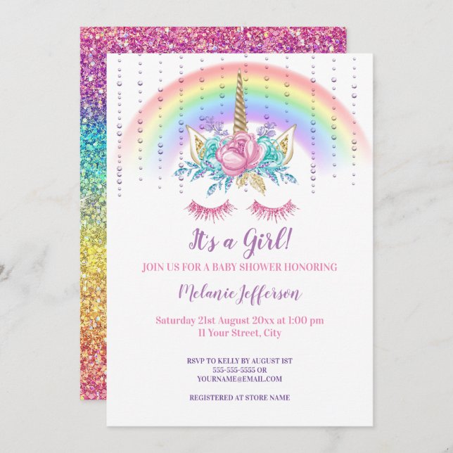 Unicorn Baby Shower Invitations (Devant / Derrière)