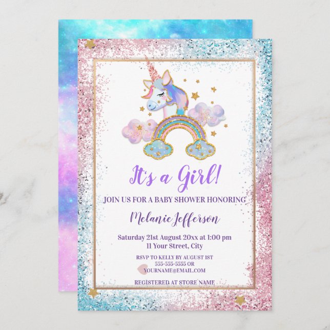 Unicorn Baby Shower Invitations (Devant / Derrière)