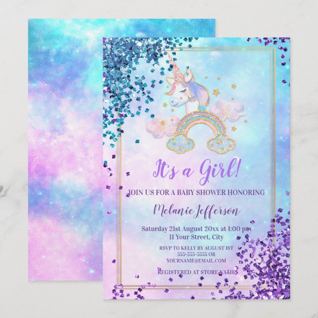 Unicorn Baby Shower Invitations (Devant / Derrière)
