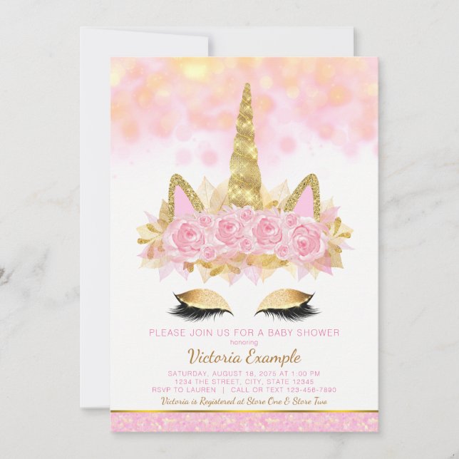 Unicorn Baby Shower Invitations Pink Gold Unicorn (Devant)