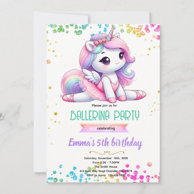 Unicorn ballerina party invitation (Devant)
