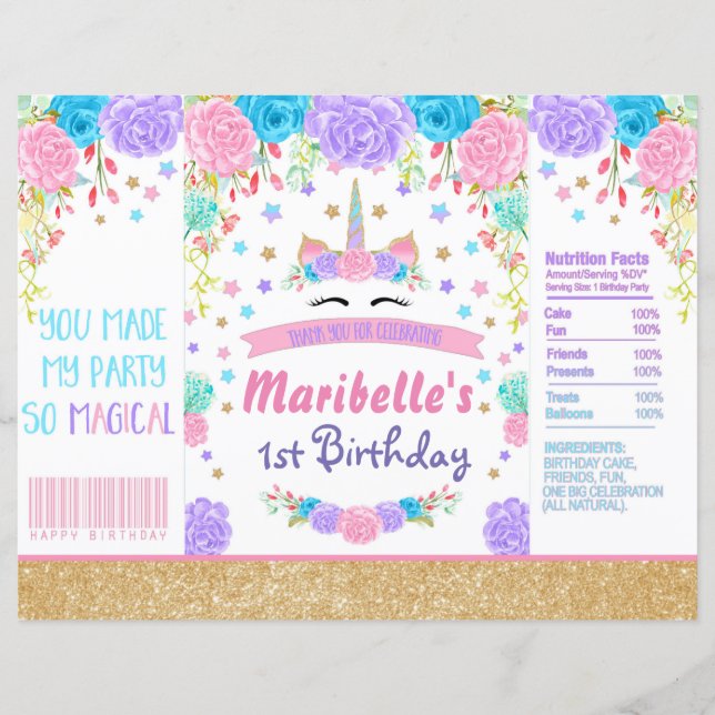 Unicorn Birthday Chip Bag Wrapper Party Favoriser (Devant)