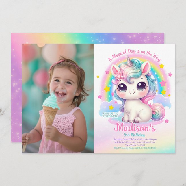 Unicorn Birthday Invitation (Devant / Derrière)