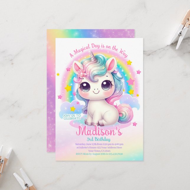 Unicorn Birthday Invitation (Devant/Arrière en situation)