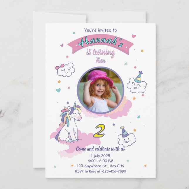 Unicorn birthday invitation girl bday invite (Devant)