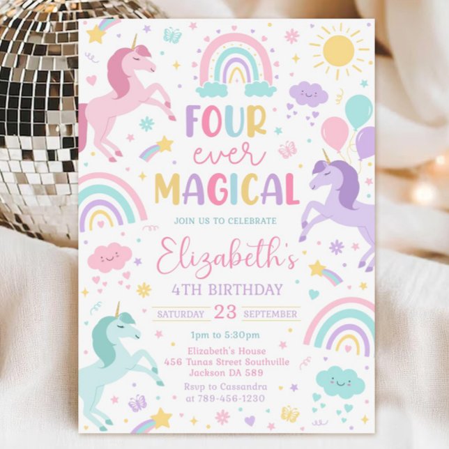 Unicorn Birthday Invitation Template, Four-Ever Ma (Créateur téléchargé)
