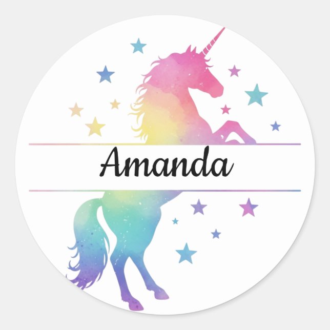 Unicorn Birthday Party Favor Name Sticker (Devant)