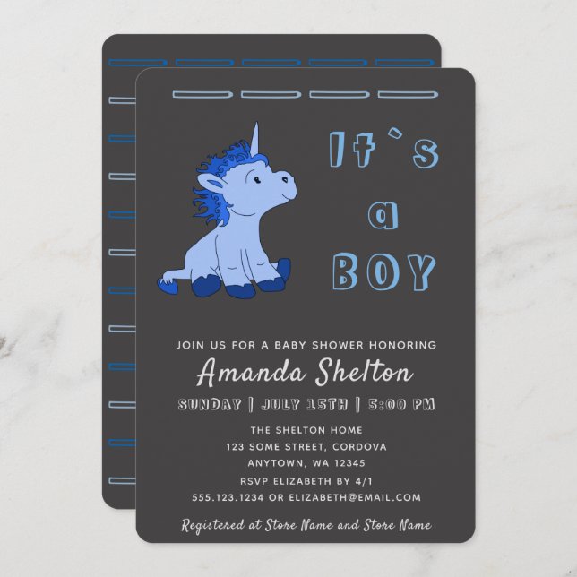 Unicorn Blue Baby Boy Shower Invitation Card (Devant / Derrière)