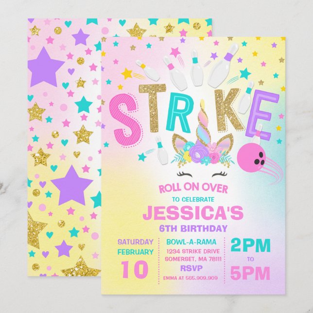 Unicorn Bowling Invitation Bowling fête d'annivers (Devant / Derrière)