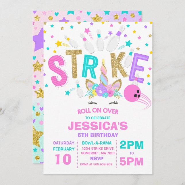 Unicorn Bowling Invitation Bowling fête d'annivers (Devant / Derrière)