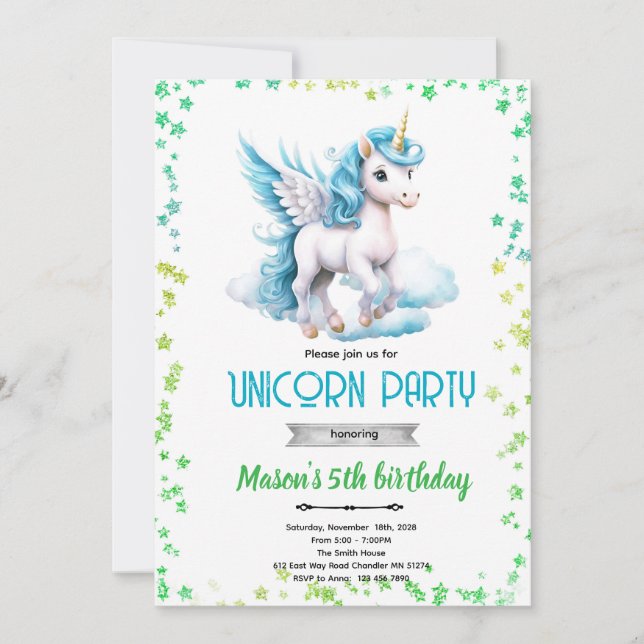 Unicorn boy birthday party invitation (Devant)