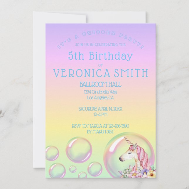 Unicorn Bubble Anniversaire Fête Invitation (Devant)