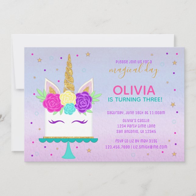 Unicorn Cake Anniversaire Invitation Pink Purple G (Devant)