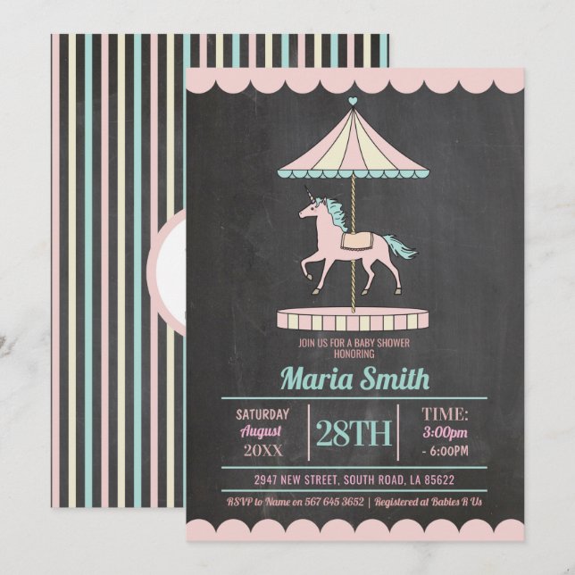 Unicorn Carousel Baby shower Invitation fille rose (Devant / Derrière)