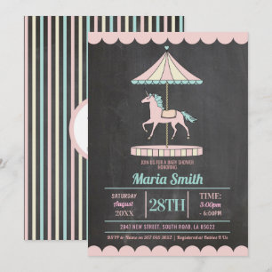 Unicorn Carousel Baby shower Invitation fille rose