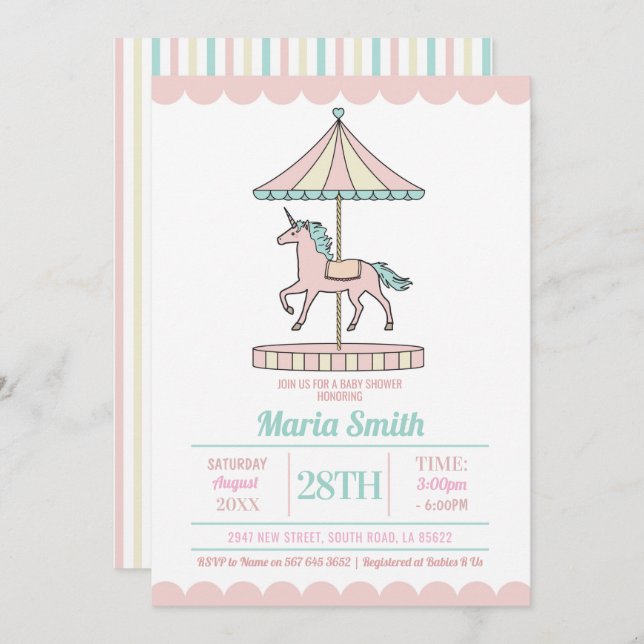 Unicorn Carousel Baby shower Invitation Pink Mint (Devant / Derrière)