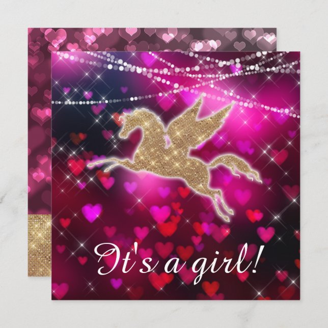 Unicorn Coeurs rose bébé fille douche Invitation (Devant / Derrière)