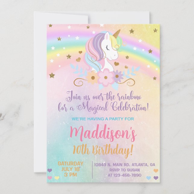 Unicorn couleurs pastel Fille invitation d'anniver (Devant)