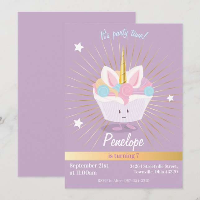 Unicorn Cupcake aux étoiles| Invitation d'annivers (Devant / Derrière)