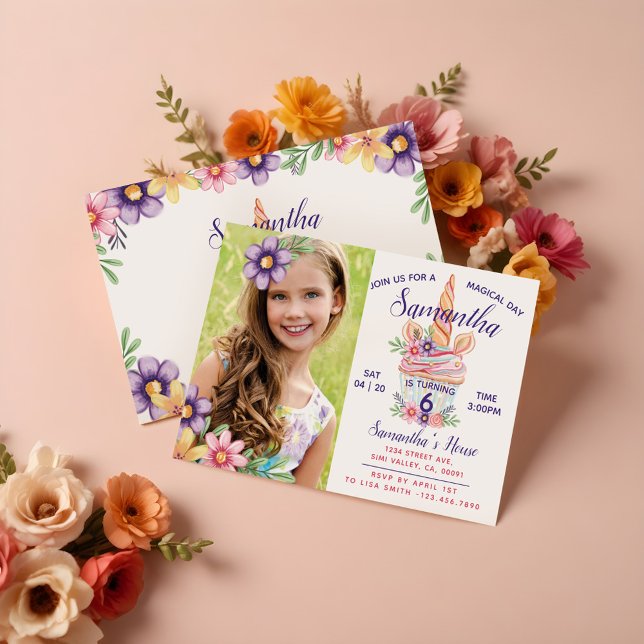 Unicorn Cupcake Photo Anniversaire Fête Invitation (Unicorn Cupcake Photo Birthday Party Invitation)