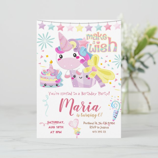 Unicorn Cute Pastel Invitation Anniversaire (Debout devant)