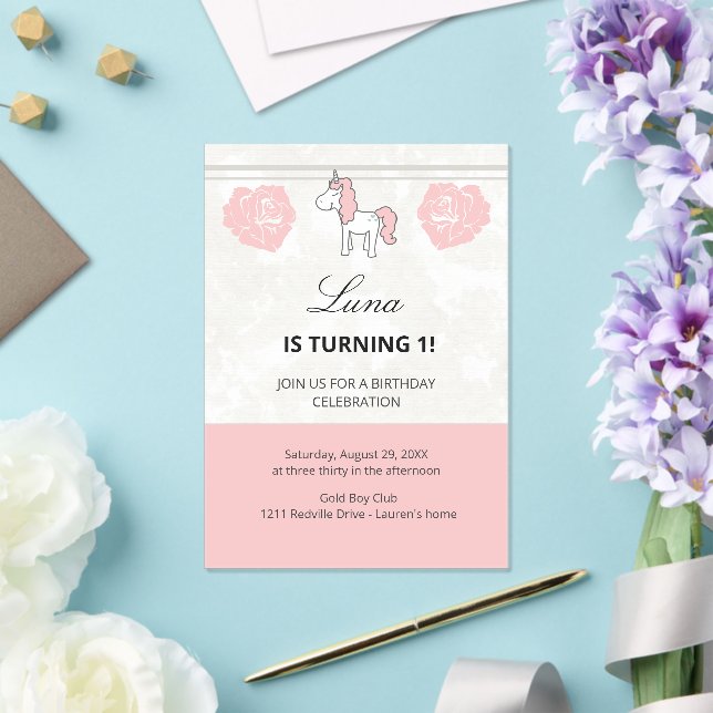Unicorn Cute Pink 1st Birthday Party Invitation (Insitu (Mariage))