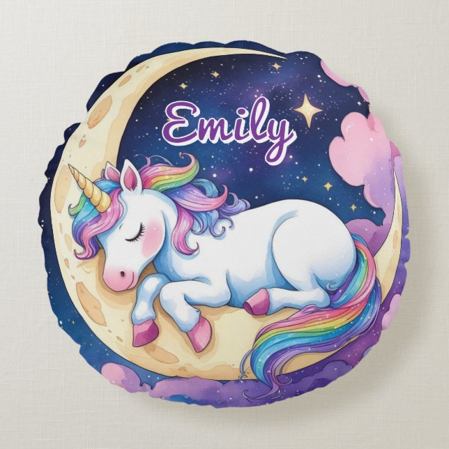 Unicorn de lune ronde Coussin - Nom modifiable (Devant)
