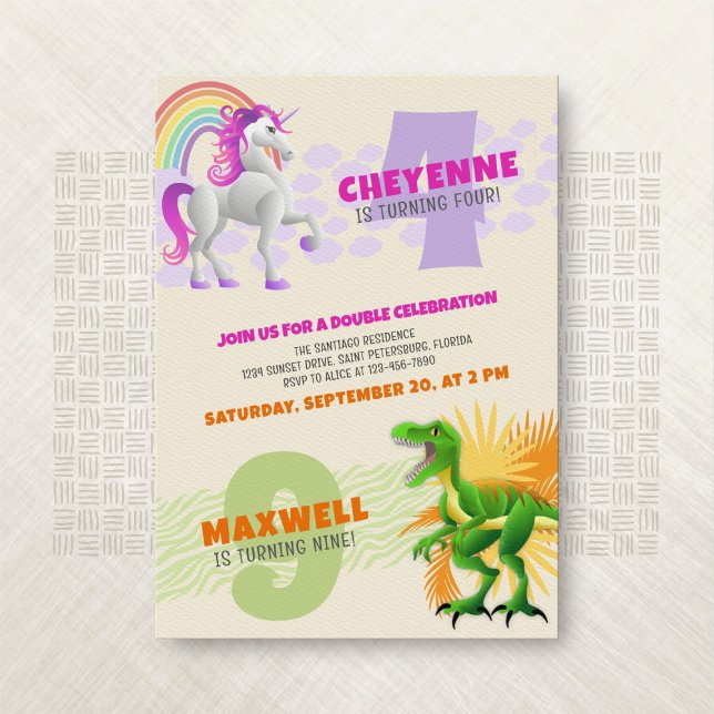 Unicorn Dinosaur Joint Double Invitation Anniversa (Créateur téléchargé)