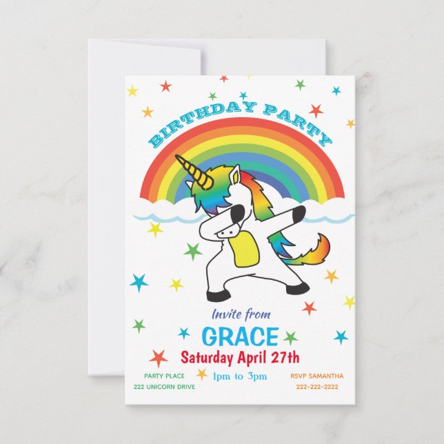 Unicorn Doing Dab Rainbow & Stars Invitation (Devant)