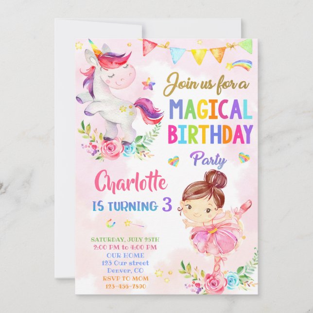 Unicorn et Ballerina invitation anniversaire fille (Devant)