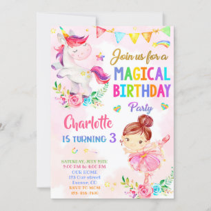 Unicorn et Ballerina invitation anniversaire fille