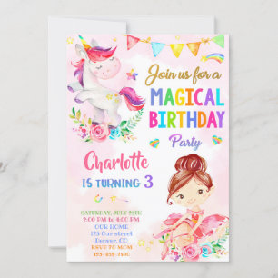 Unicorn et Ballerina invitation anniversaire fille