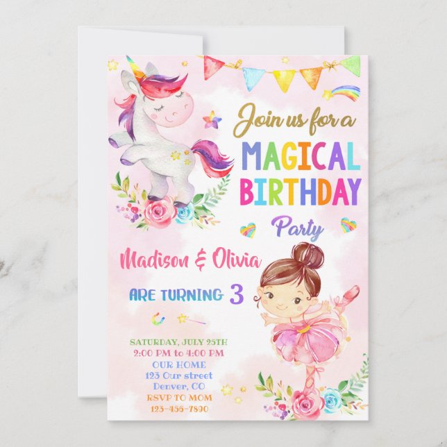 Unicorn et Ballerina invitation anniversaire fille (Devant)