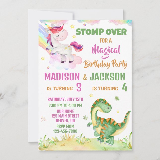 Unicorn et Dinosaur invitation anniversaire pour d (Devant)