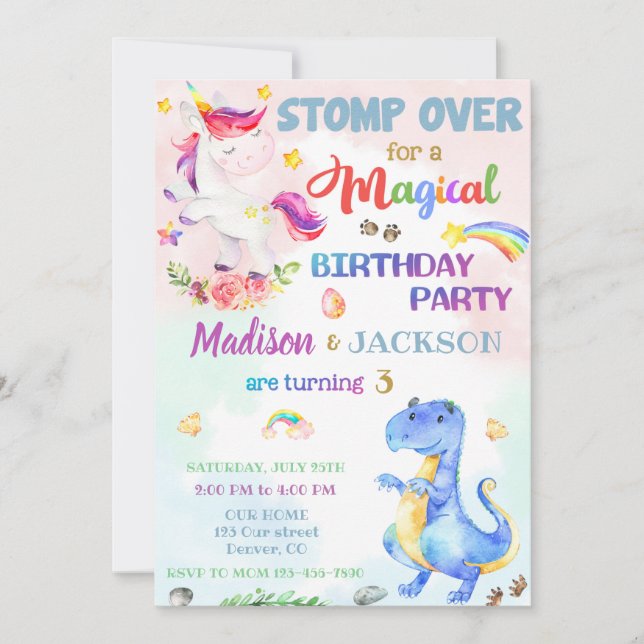 Unicorn et Dinosaur invitation pour les jumeaux (Devant)