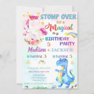 Unicorn et Dinosaur invitation pour les jumeaux