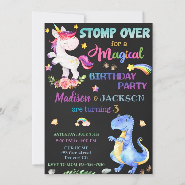 Unicorn et Dinosaur invitation pour les jumeaux (Devant)