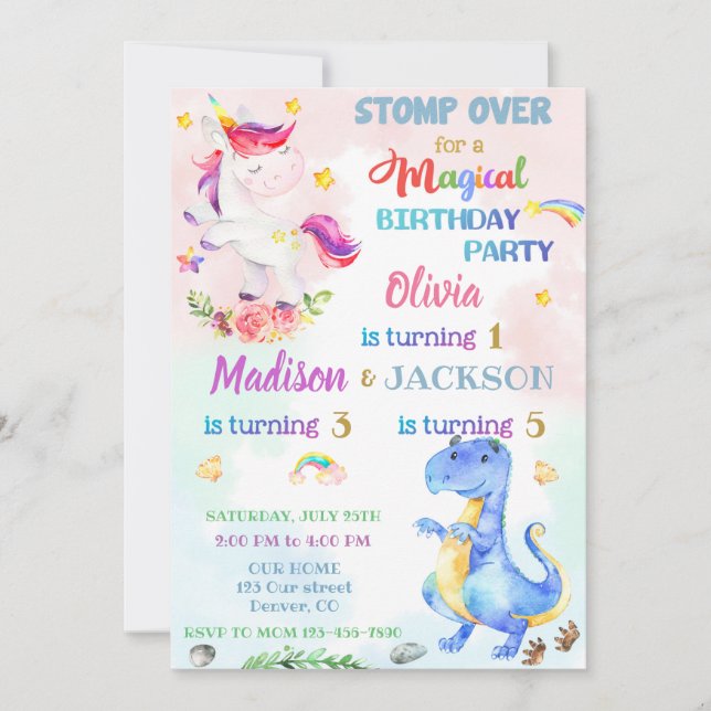 Unicorn et Dinosaur invitation pour trois ans (Devant)