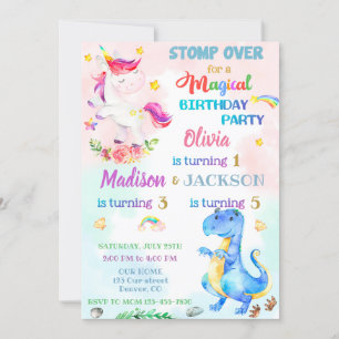 Unicorn et Dinosaur invitation pour trois ans