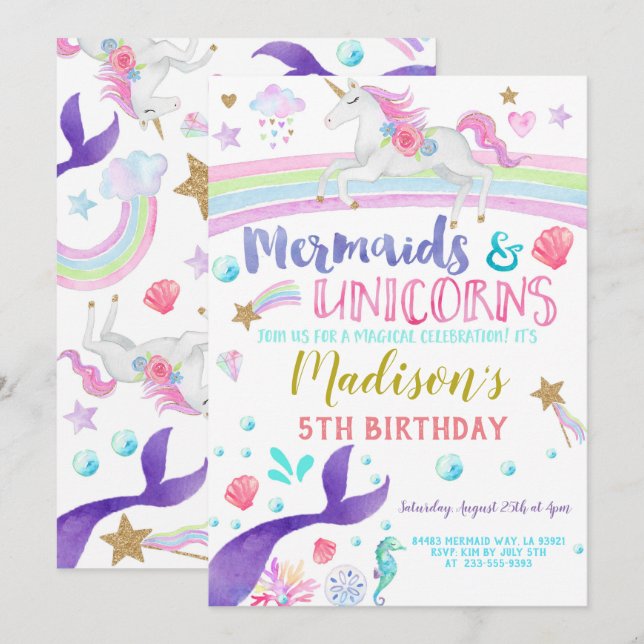 Unicorn et Mermaid invitation licorns sirènes (Devant / Derrière)