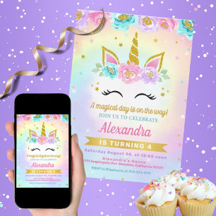 Unicorn et Rose Anniversaire de enfant Invitation