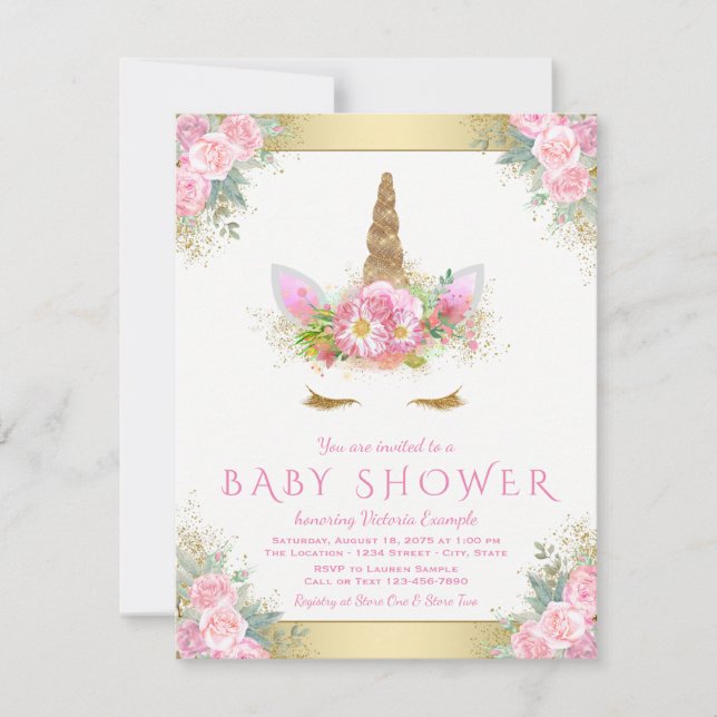 Unicorn Face bébé fille douche Invitations (Devant)