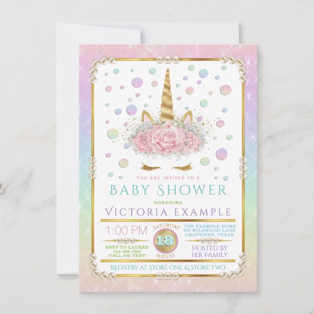 Unicorn Face Pearl Unicorn Baby Shower Invitations (Devant)